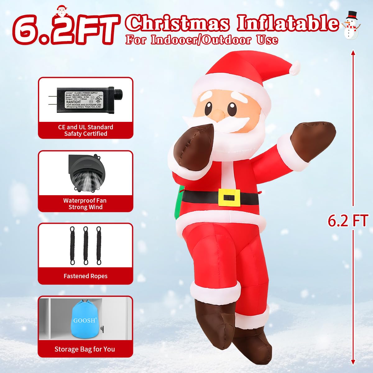 GOOSH 6.2 FT Christmas Inflatables Santa Claus Outdoor Decorations Blow Up Yard Hanging Santa Climbing to The Roof with Presents Bag with Built-in LEDs for Garden Lawn Indoor Party Decor