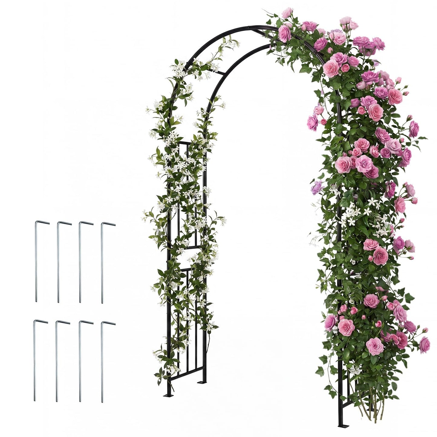 LDAILY Moccha Garden Arch Arbor Trellis, 7.2Ft Outdoor Steel Arbor with Stakes, Metal Archway for Climbing Plants, Wide Sturdy Garden Arch for Lawn, Party, Ceremony Wedding Decoration, Black