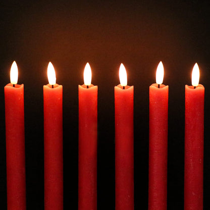 GenSwin Flameless Red Taper Candles Flickering with 10-Key Remote, Battery Operated Led Warm 3D Wick Light Window Candles Real Wax Pack of 6, Christmas Home Wedding Decor(0.78 X 9.64 Inch)