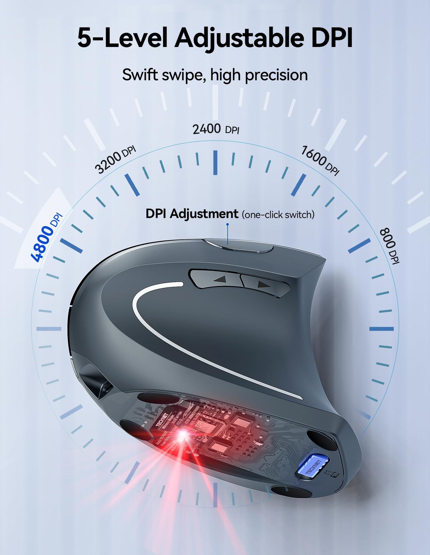 TECKNET Ergonomic Mouse, Rechargeable Vertical Ergo Mouse Wireless 800-4800 Levels 5 Adjustable DPI, Silent 2.4GHz Optical Carpal Tunnel Mouse for Right Hand, USB Wireless Mice for Laptop, PC