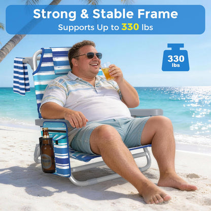5-Position Backpack Beach Chair for Adults with Lumbar, Foldable Tall Heavy-Duty Beach Chairs with Cooler Bag,Cup Holder,Towel Rack for Beach, Camping, Outdoor (2, Blue&White)