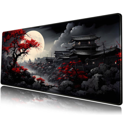 Riverside Full Moon Japanese Desk Mat - Large Black Red Gaming Mousepad XXL Keyboard Pad 31.5 x 11.8 in - Extended Mouse Pad for Laptop Computer Office Desk Decor