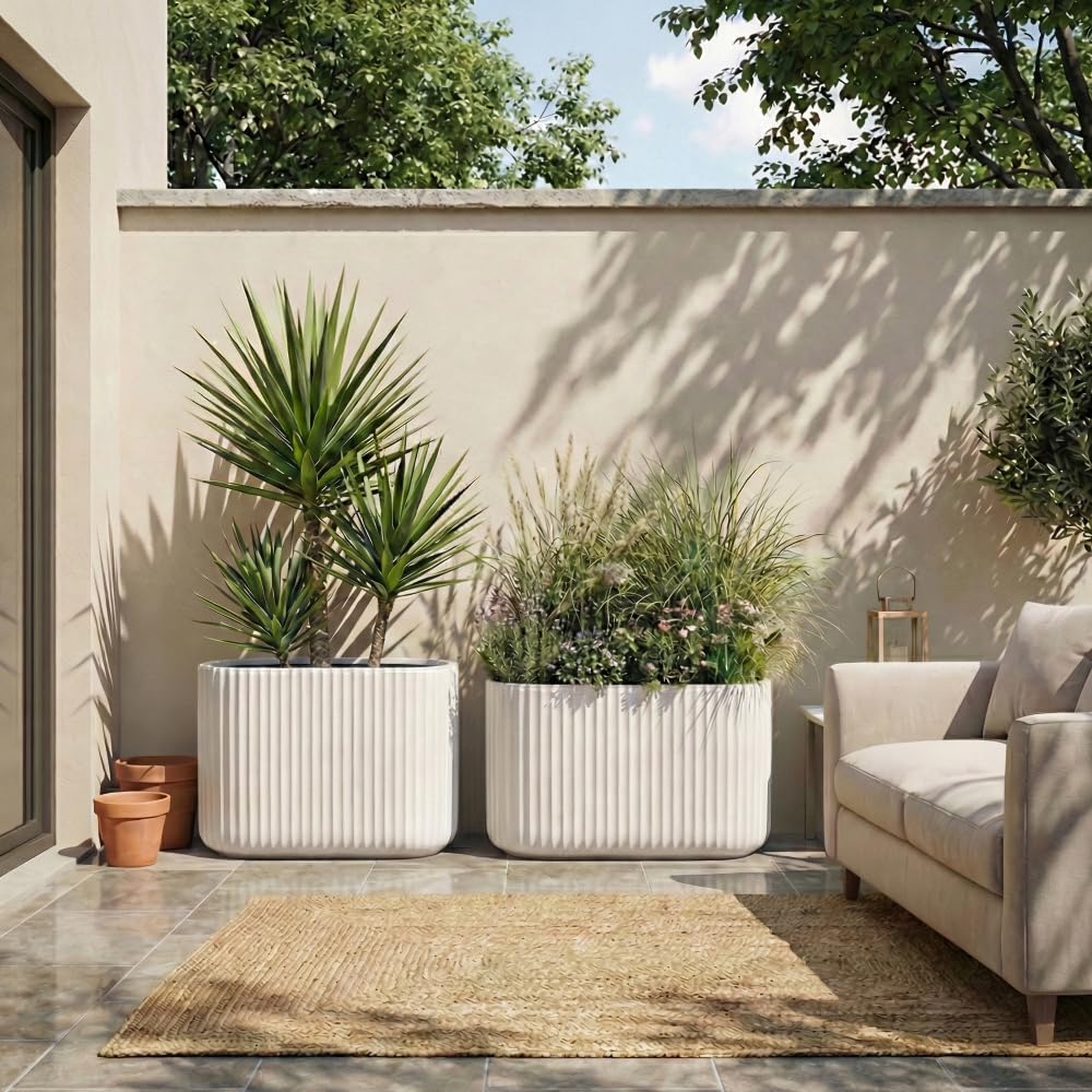 Wil & Vic 89s 15" H x 24" L Sirius Fiberglass Planter, Round Indoor and Outdoor Plant Pot with Drainage Hole, Lightweight, Durable Minimalist Home, Included Extra Coco Mats, White