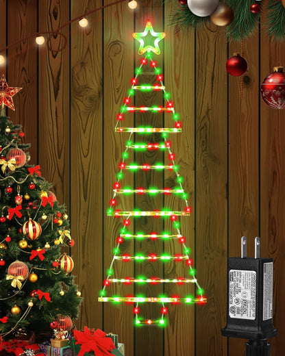 PUHONG (New) Christmas Ladder Lights, 4.6ft Christmas Decorations with Star Topper, Xmas Hanging Ornament with 8 Light Modes, LED Indoor String Lights for Doors, Walls and Windows - Red&Green