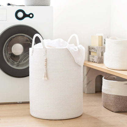 Goodpick White Laundry Basket with Handles, Tall Woven Laundry Hamper for Clothes, Towels, Pillows, Toys, Decorative Blanket Basket for Living Room, Bedroom, Playroom, 16 x 20 inches