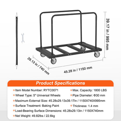VEVOR Folding Table Cart, Heavy Duty Table Trolley with 5" Swivel Wheels, 1800 LBS Drywall Dolly Cart for Garage, Home, Warehouse, Party Event Hotel Furniture 10 Table Capacity