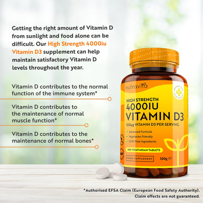 Vitamin D 4000 IU - 500 Micro Tablets - Max Strength - 16 Month Supply - Hight Strength Vegetarian VIT D3 - Vitamin D3 Supports Your Immune System & Bone Health - Made in The UK by Nutravita