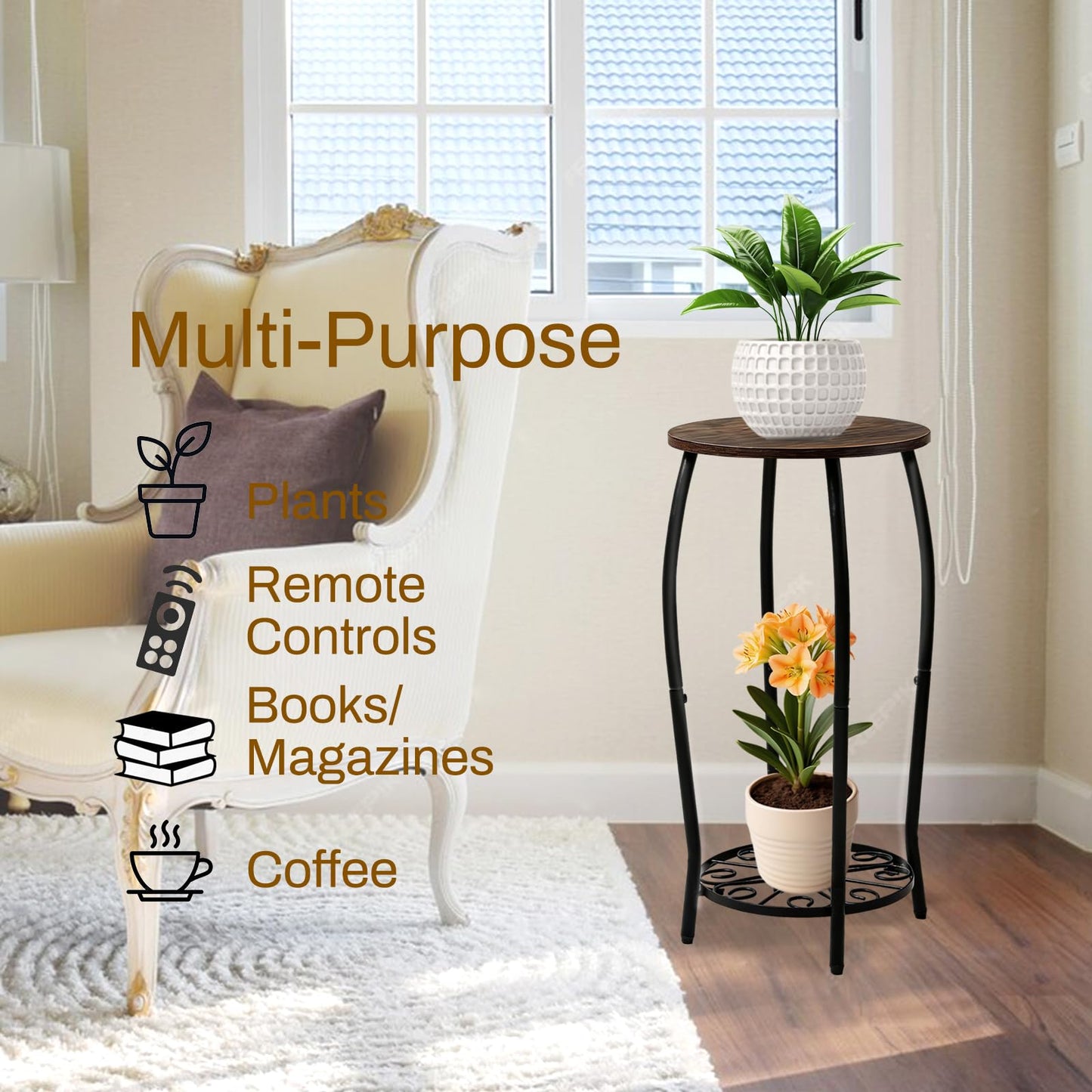 Uniqcovosa Plant Stand Indoor Outdoor, 2-Tier Tall Wood & Iron Plant Stand, 4-Leg Corner Flower Stand, Heavy Duty Floor Plant Shelf Plant Rack for Patio Living Room Balcony Home Decor
