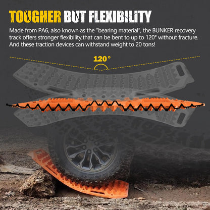 BUNKER INDUST Off-Road Traction Boards with Jack Lift Base,2 Pcs Multifunctional Recovery Track for 4WD UTV SUV Truck-Mud, Snow, Sand Tracks Orange Tire Traction Mat with Carry Bag (Gen 9th)