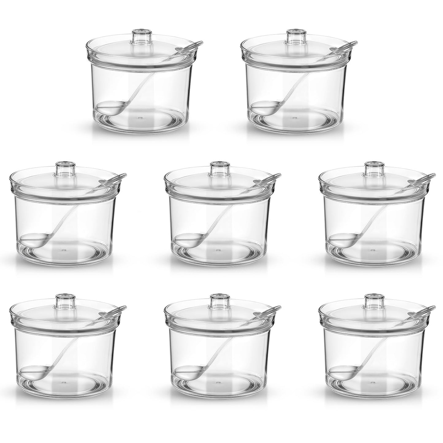 Dimeho 8 Pcs Clear Sugar Bowls Acrylic Salt Storage Jar with Lid and Spoon Organizer Condiment Holder Bottle Case for Kitchen Tea Spices Seasoning Restaurants Cocoa Bar