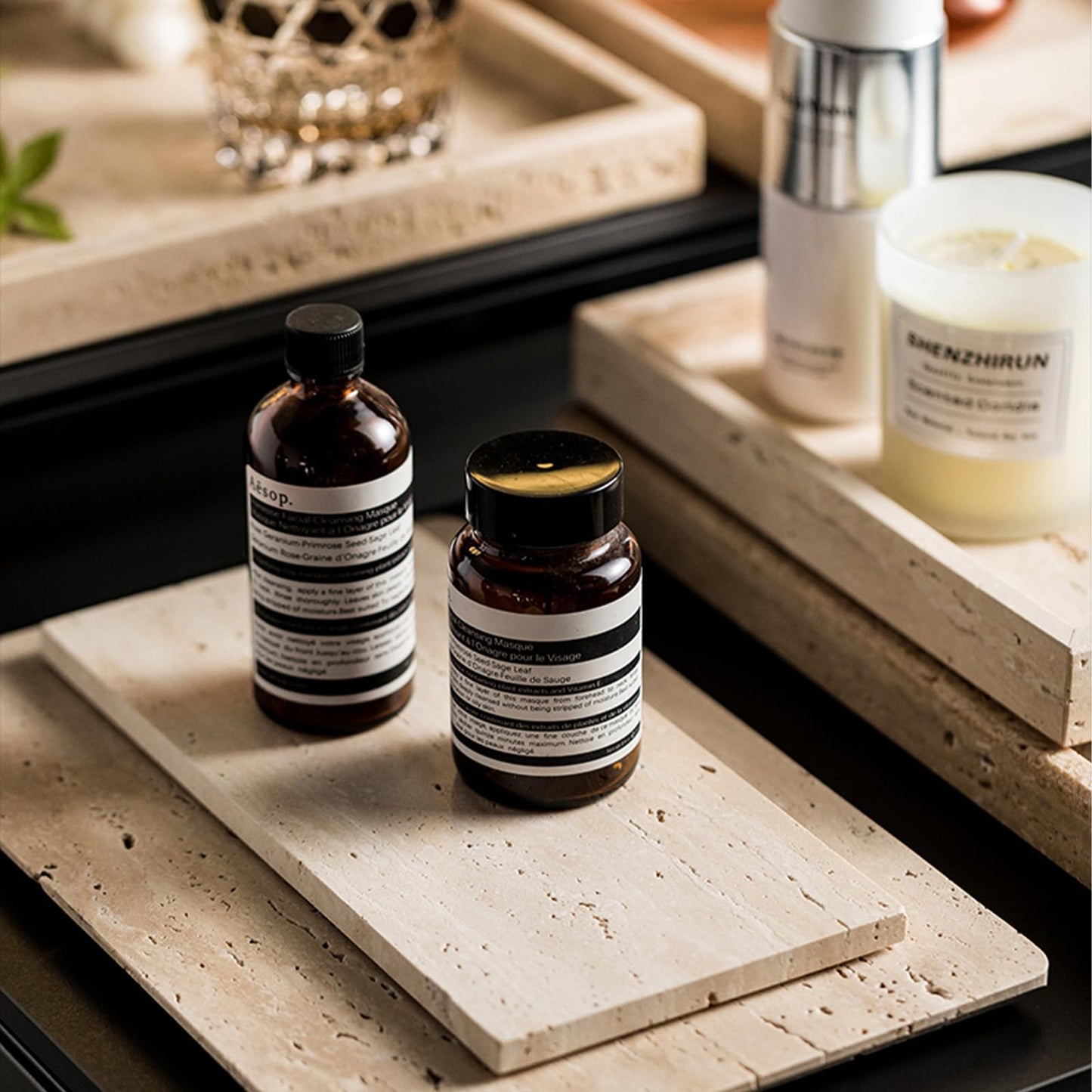 Natural Marble Board，Bathroom Trays Perfume Tray Jewelry Candle Plate (Travertine, 9.8 * 4.7 in)