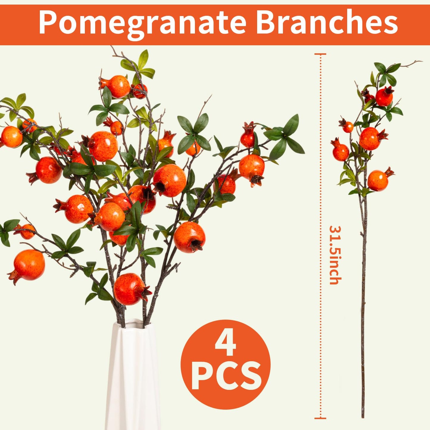 TORINALITAL 4Pcs 31.5 Inch Artificial Pomegranate Branches, Fake Fruit Branch, Artificial Plants for Living Room Dorm Decor Christmas Farmhouse Vase Arrangement Centerpiece