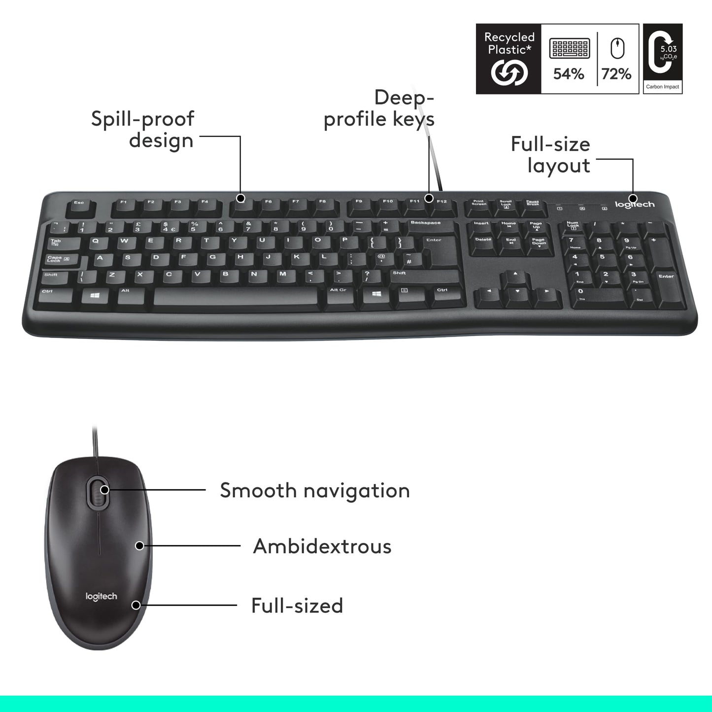 Logitech MK120 Wired Keyboard and Mouse Combo for Windows, Optical Wired Mouse, Full-Size Keyboard, USB Plug-and-Play, Compatible with PC, Laptop, QWERTY UK English Layout - Black