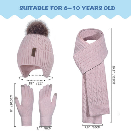 Winter Hat Gloves Scarf Set for Kids Earflap Beanie with Cute Pom Knit Girls Children Baby Toddler Pink Warm Wool Fleece Lining 10 11 12 13 14 Years Old