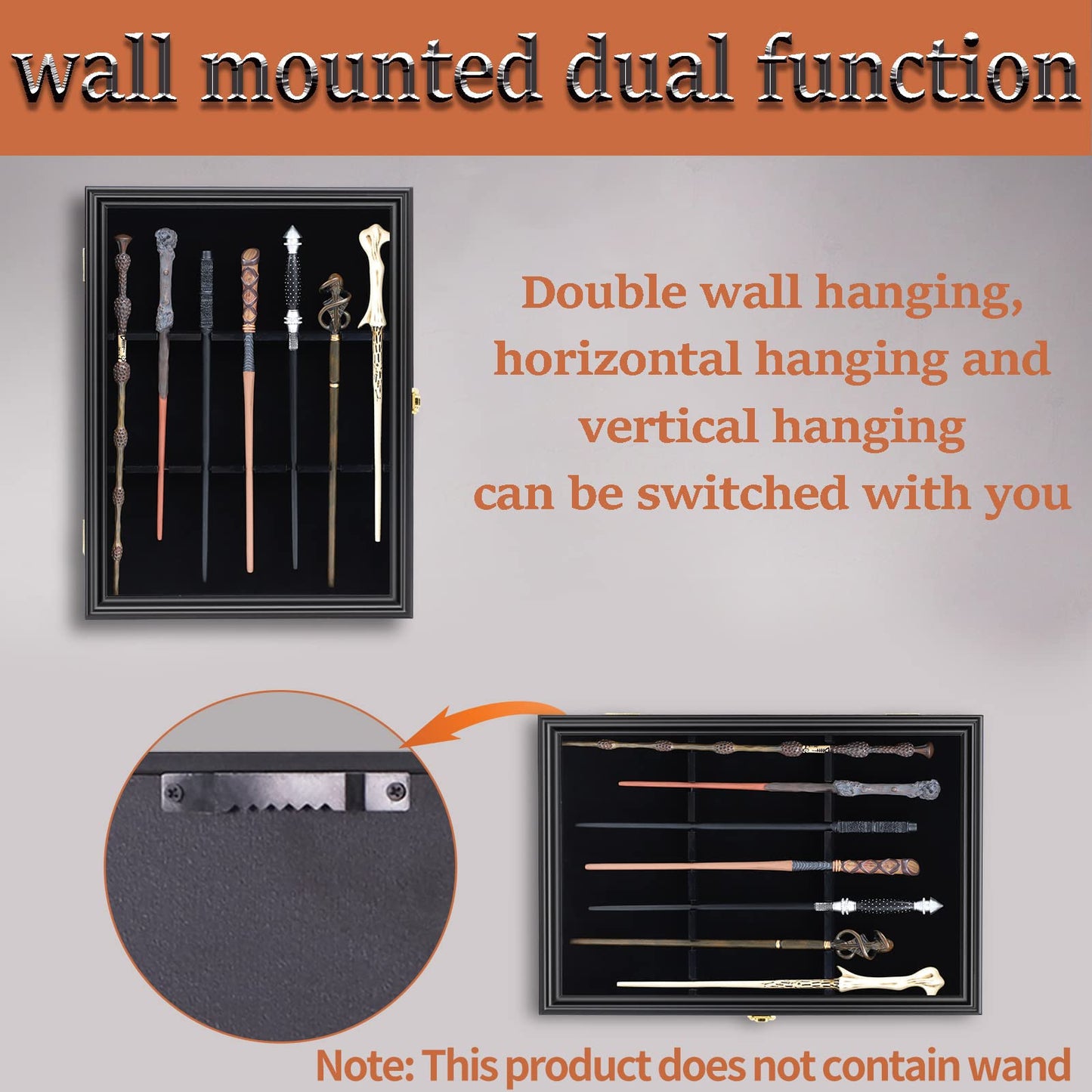 Grhonior 7 Wands Display case Universal Wizard Magic Wand Stand Wall Mount Lockable Wood magiquest Wand Vertical Hanging Holder Box Rack for Wand Collection