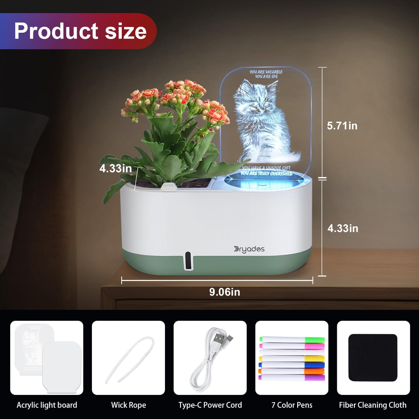 Self-Watering Plant Pot with LED Note Board & 7 Colors Pen Acrylic Message Board with Light Acrylic Dry Erase Board, Led Cat Board Night Light with Planting Pot for Christmas(No Plant&Seed)
