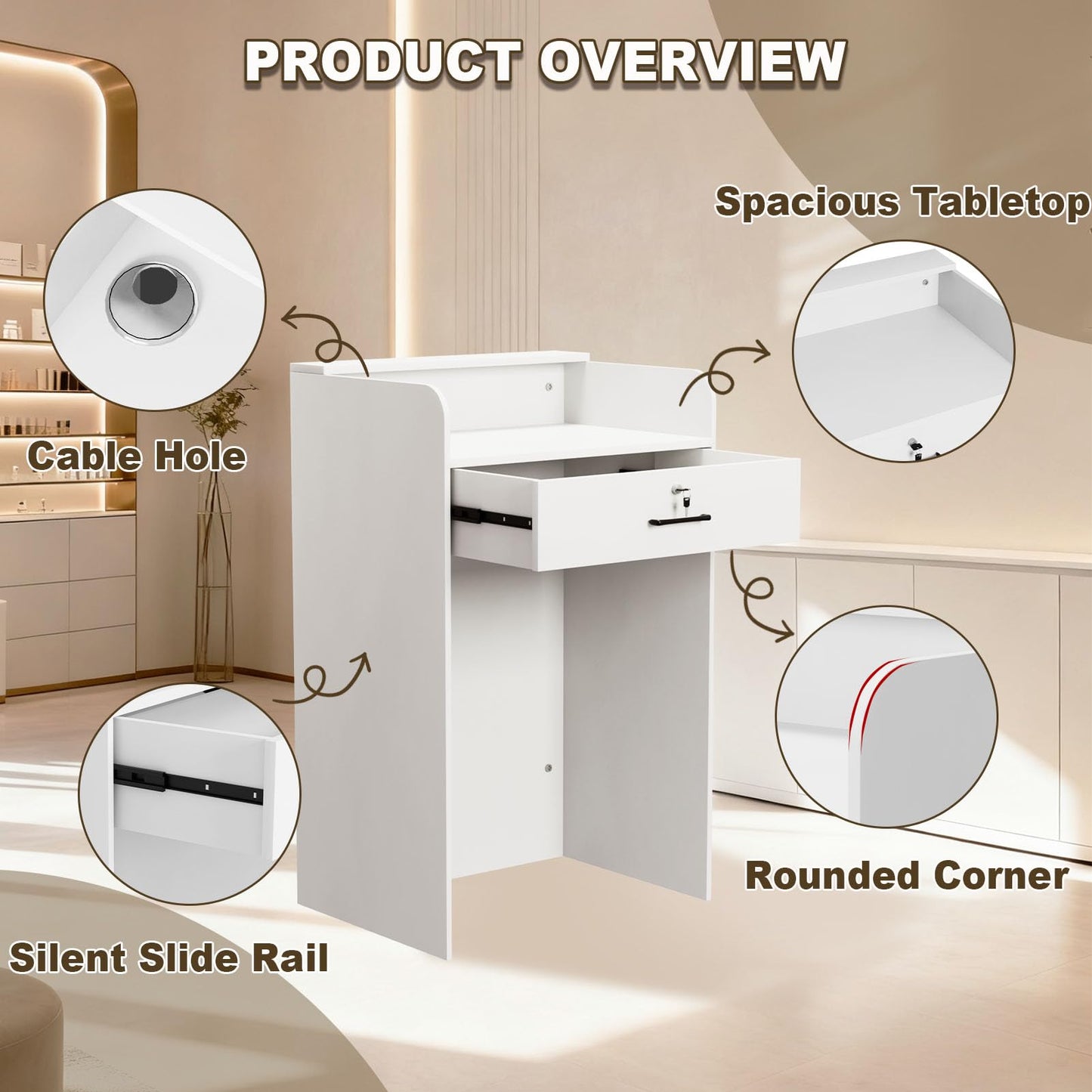Reception Desk with Counter, Small Modern Front Desk with LED Light and Lockable Drawer, White Reception Table Retail Checkout for Counter for Lobby, Beauty Salon (37.8"L x 23.6"W x 15.7"H)