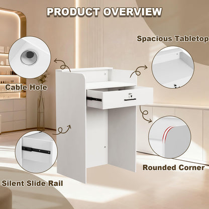 Reception Desk with Counter, Small Modern Front Desk with LED Light and Lockable Drawer, White Reception Table Retail Checkout for Counter for Lobby, Beauty Salon (37.8"L x 23.6"W x 15.7"H)