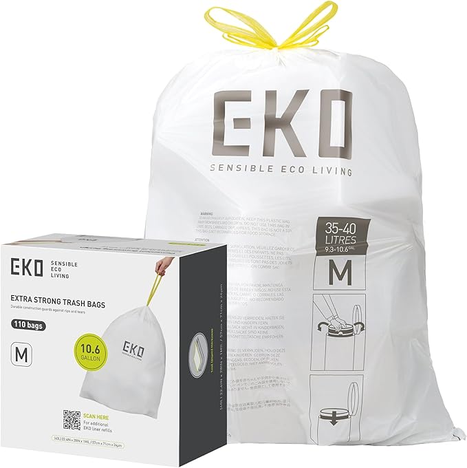 EKO 10.6 Gallon / 35–40 Liter Drawstring Trash Bags, Extra-Strong Leak-Resistant