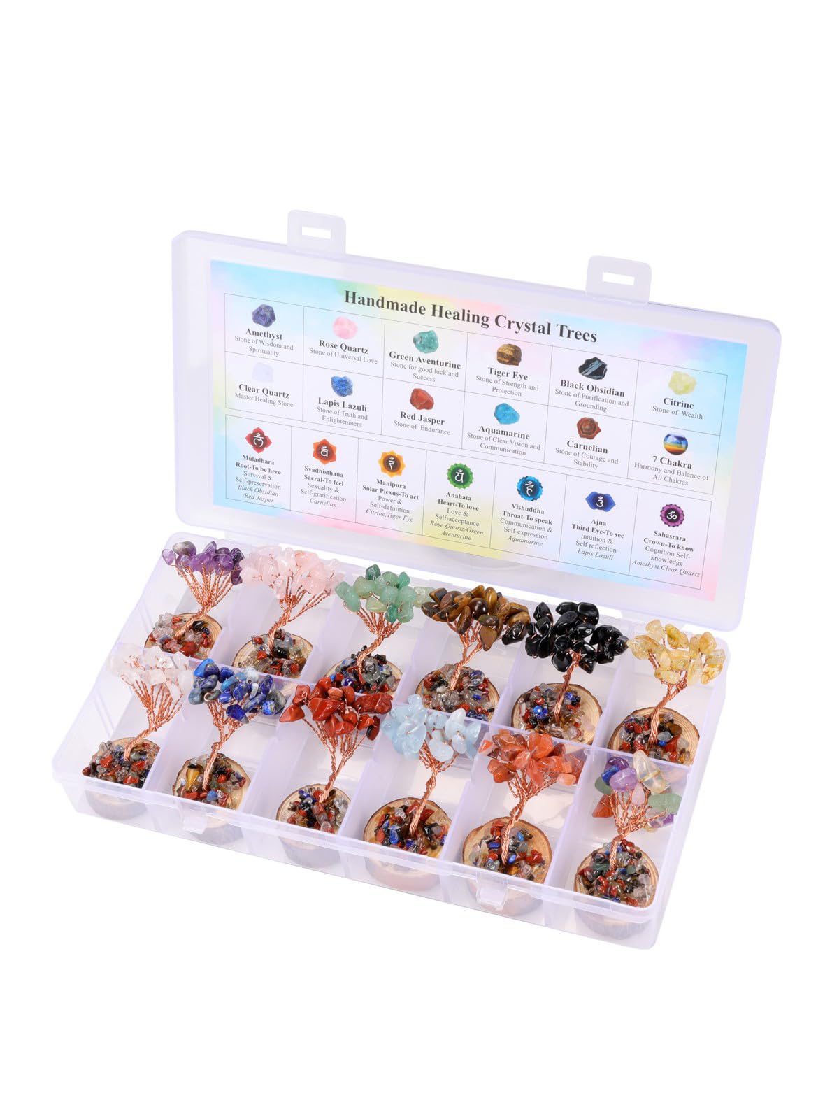 Jovivi 12pcs Chakra Crystal Tree Set, Tree of Life Gemstone Money Trees w/Wooden Base,Natural Healing Crystals Stones for Positive Energy Good Luck Home Office Decor for Women Mom Birthday Gifts