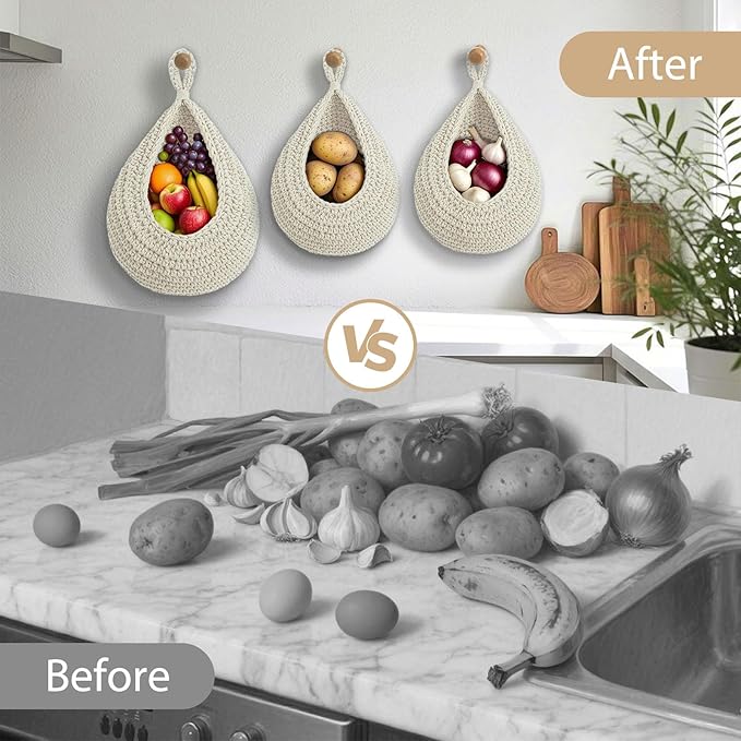 Hanging Fruit Baskets for Kitchen, 3 Pack Boho Cotton Rope Handwoven Vegetable