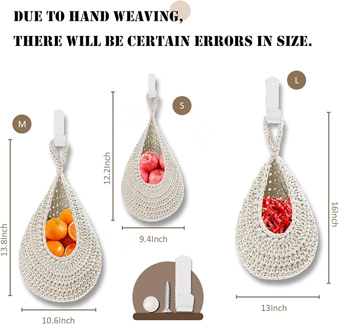 Hanging Fruit Large Basket Set of 3, Boho Wall Hanging Storage Basket