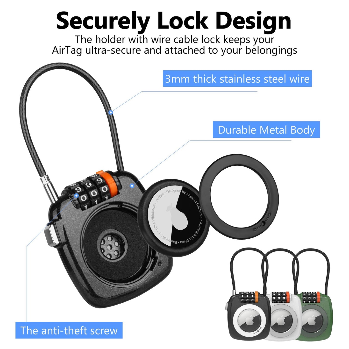 TUXON Compatible with Apple AirTag Secure Lock with Wire Cable, 3-Digit Combination Luggage Locks, Alloy Body Ultra Durable Anti-Lost Protective Case for Luggage, Bags, Suitcase, and Backpacks (BLACK)