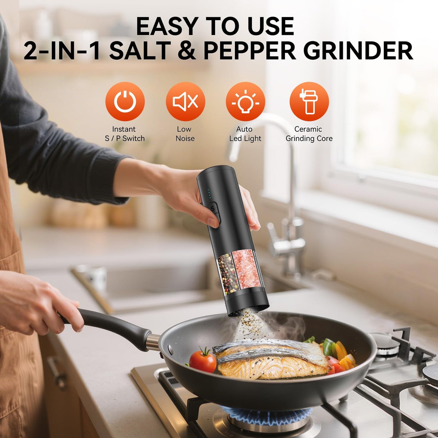 Electric Salt and Pepper Grinder Set 2 in 1, USB Rechargeable, Automatic Salt and Pepper Mill Shakers with LED Light, Battery Display, Adjustable Coarseness, Ideal for Kitchen Outdoor BBQ Gift