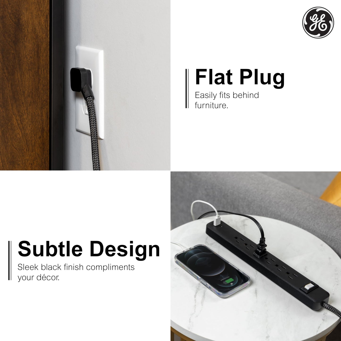 GE 6-Outlet Power Strip with USB, 1 USB-A, 1 USB-C, Outlet Extender, 6 Ft Braided Extension Cord, Flat Plug, Charging Station, Black, 82595