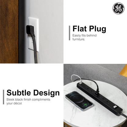 GE 6-Outlet Power Strip with USB, 1 USB-A, 1 USB-C, Outlet Extender, 6 Ft Braided Extension Cord, Flat Plug, Charging Station, Black, 82595