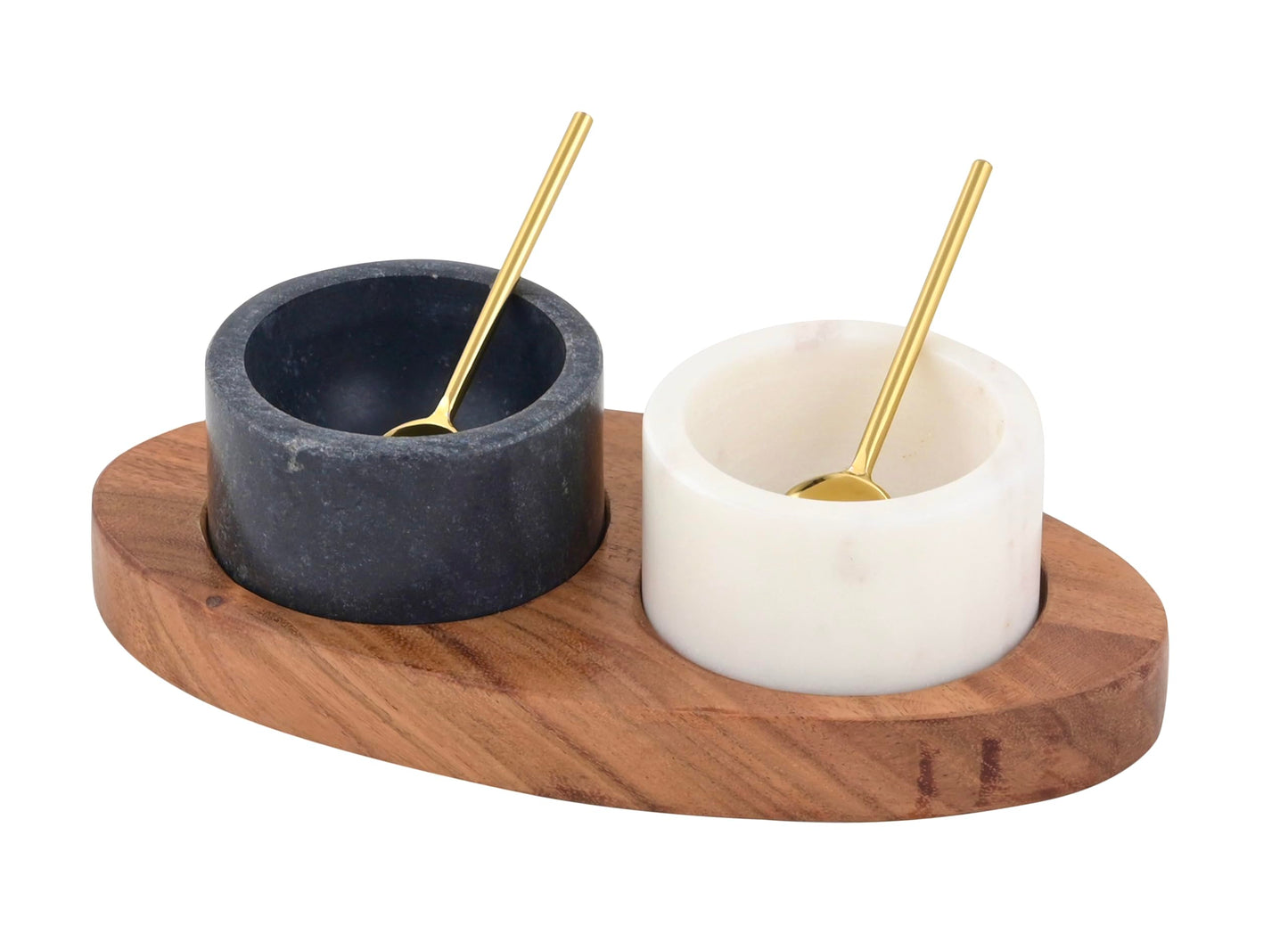 Cruiser’s Caché 2 Piece White and Black Marble Salt and Spice Cellar or Dipping Bowls with Wood Tray and Gold Spoons