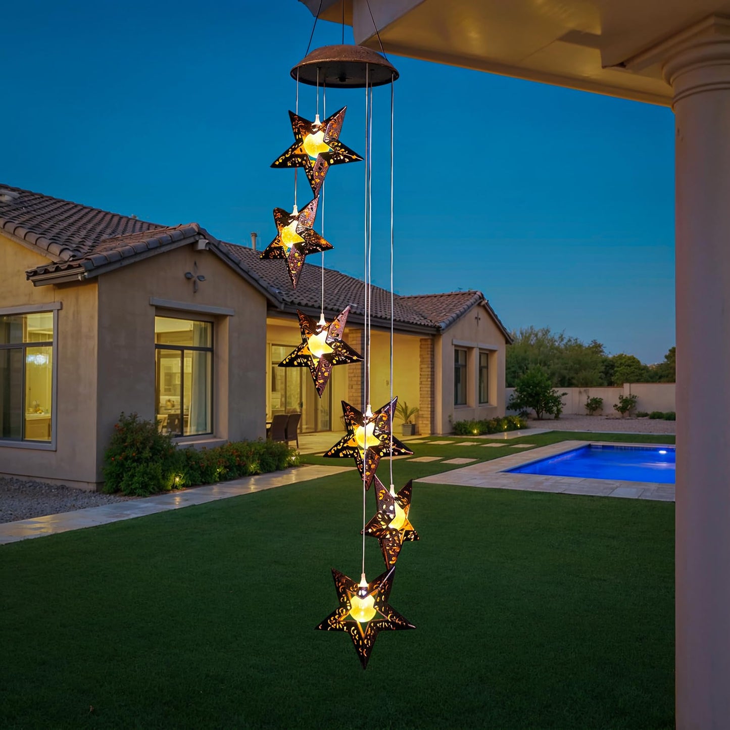 Tryme Solar Wind Chimes Star Wind Chime Warm LED Hanging Solar Lights Unique Garden Decor Memorial Thanksgiving Gifts for Mom Grandma Sister Home Party