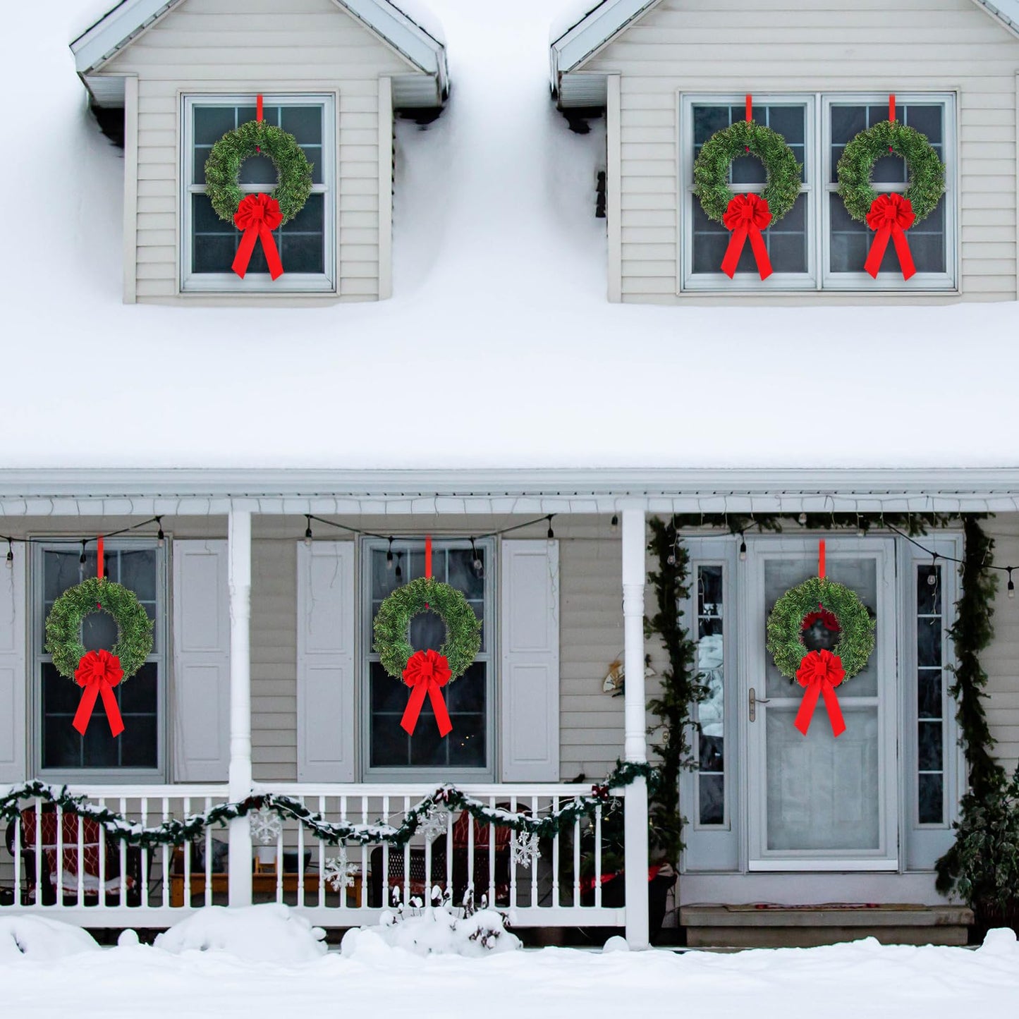 Janinka 6 Pcs Christmas Wreath for Windows 11.8 Inch Christmas Window Decorations Cabinet Wreaths with Red Bow Greenery Artificial Hanging Garlands for Fireplaces Window Home (Pine)