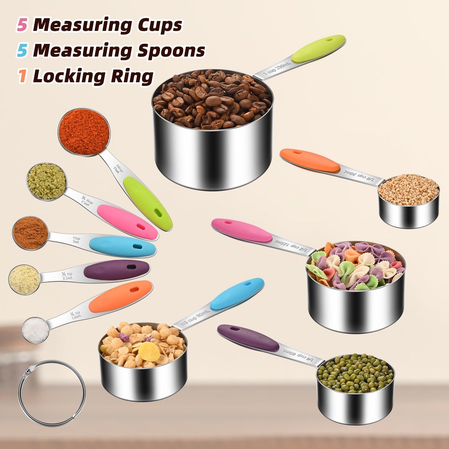10-Piece Measuring Cups and Spoons Set, 304 Stainless Steel with Color-Coded Handles, Engraved Markings Never Fade, Plastic Free, Dishwasher Safe, Includes 1/8 Cup & 1/4 Tsp
