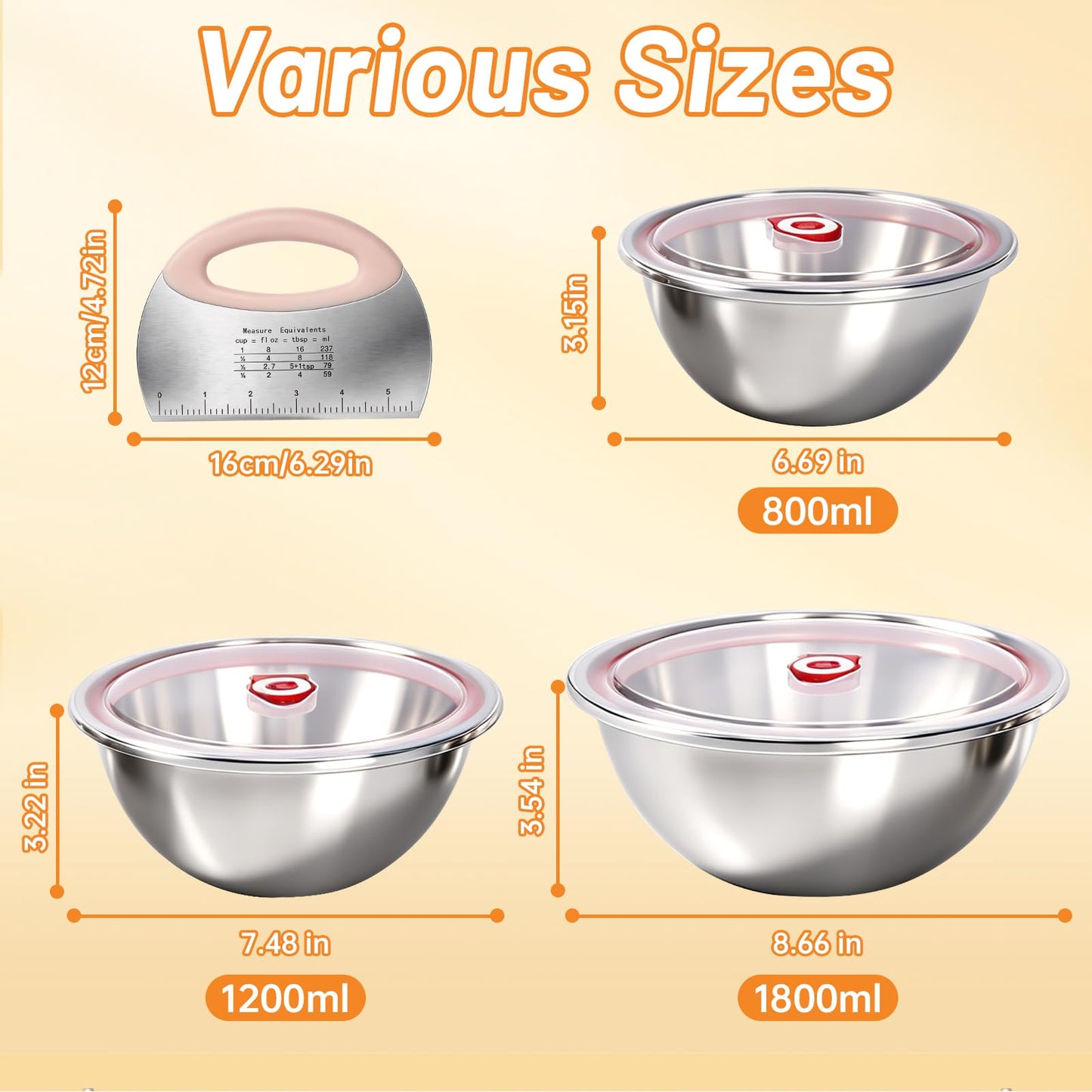 NOELNEXUS 3 PCS Pizza Dough Proofing Container Set, 27oz/40oz/60oz 304 Stackable Stainless Steel Proofing Box with Clear Lid, Includes Dough Scraper, Ideal for Bulk Fermentation of Sourdough & Bread