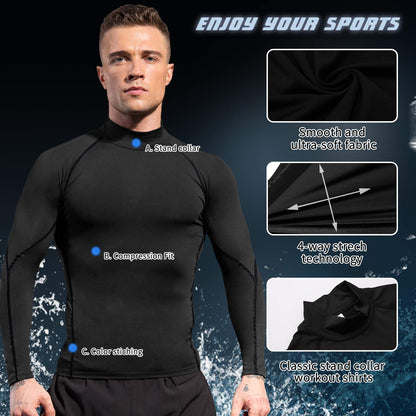 SPVISE Men's Compression Shirt Long Sleeve Mock Turtleneck Athletic Workout T-Shirts Running Tops Cool Gym Undershirts Black