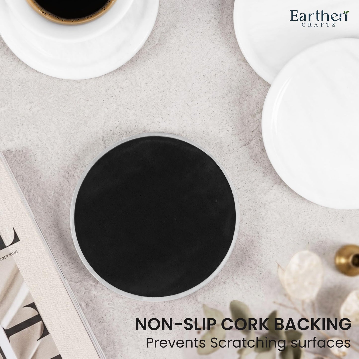 Earthen Crafts Marble Coasters Set of 4 for Drinks Countertop 4 Inches Round White Stone Drink Coaster for Kitchen Counter, Ideal for Home Decor House Warming Gifts