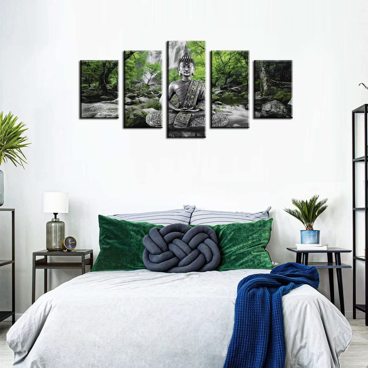 AWLXPHY Decor Buddha Wall Art Canvas Painting Framed 5 Panels for Living Room Decoration Modern Landscape Buddha Waterfall Trees Zen Stretched Artwork Giclee (Green, 40"x20")