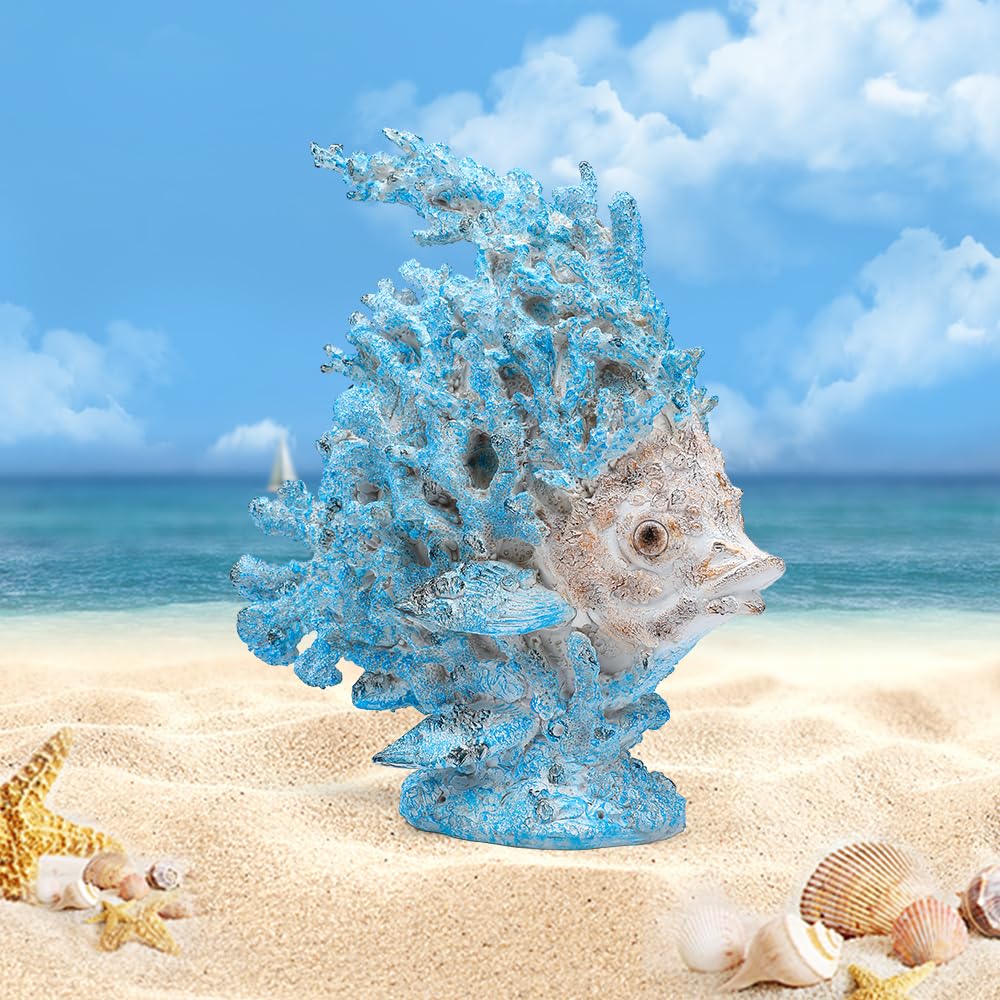SUYNYBHF Coral Fish Figurines Beach Coastal Coral Reef Decor 9.6-inch Resin Statue Angel Fish Home Office Desktop Sculpture Bathroom Decoration Mom Gift Ornament Gift(Blue) (Blue Coral Fish)