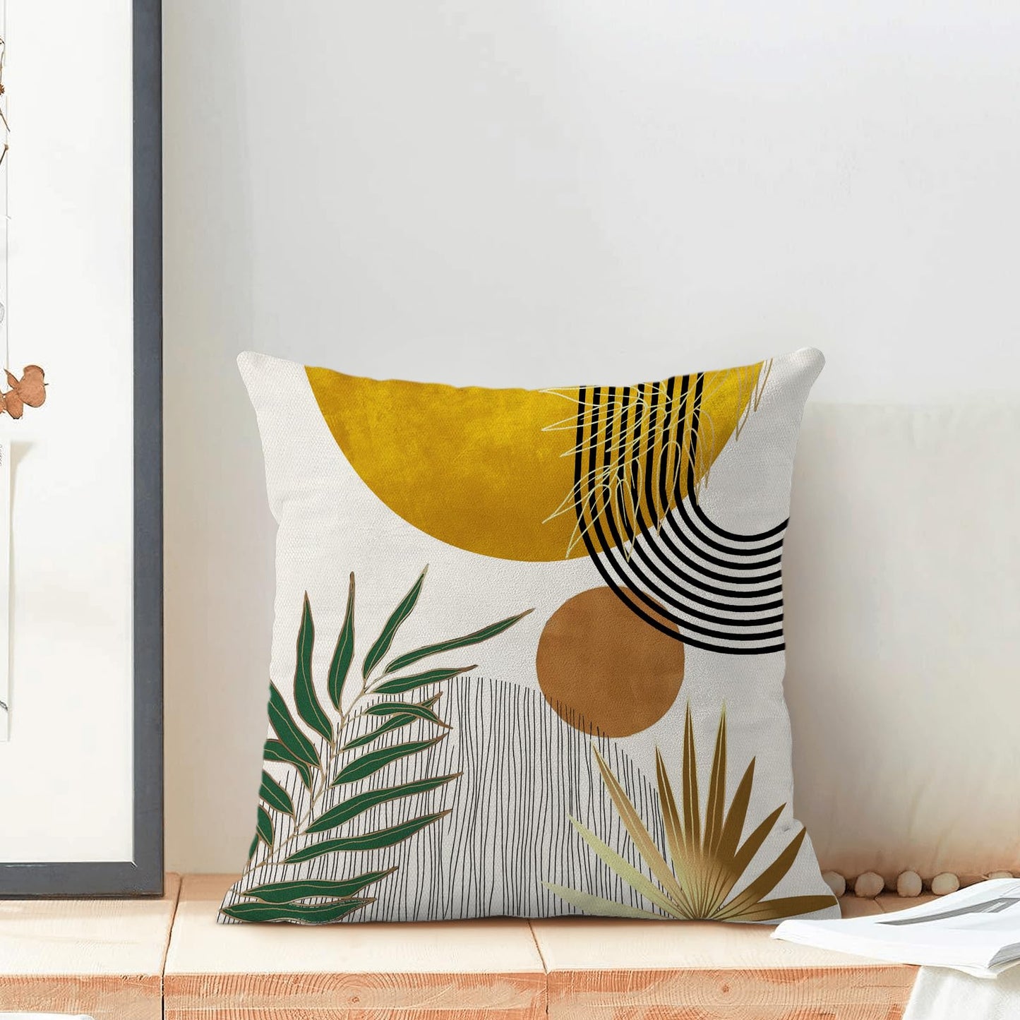 Boho Pillow Covers 18x18 Inch 2 Pcs,Mustard Yellow Green Tropical Leaf Summer Outdoor Decorative Throw Pillows,Mid Century Abstract Farmhouse Decor Pillowcase Linen Cushion Cover for Couch Sofa