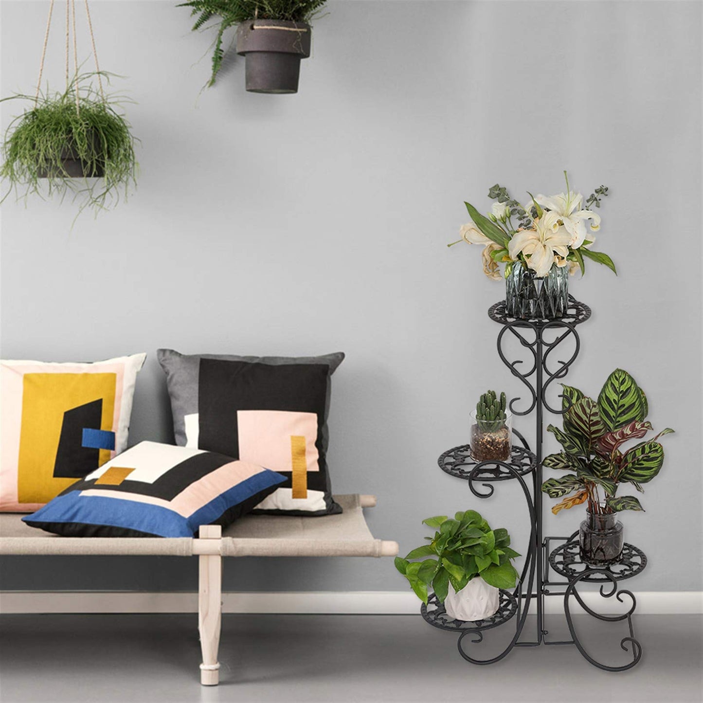 Plant Stand Indoor Outdoor,4 Tier Corner Shelf Shelves Decoration Display Rack - Metal Wrought Iron Multi Flower Planter Potted Holder Organizer for Living Room Balcony Garden Patio, Black