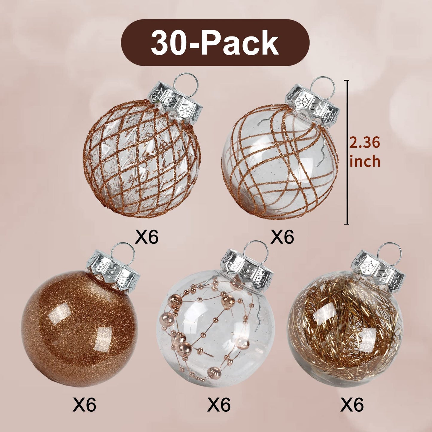 2.36" Clear Christmas Ball Ornaments, 30 pcs Shatterproof Plastic Baubles for Tree Decorations, Party, Holiday - Champagne Gold