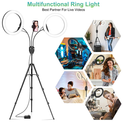 SEBIDER 10" LED Ring Light with Tripod Stand & Phone Holder,Dual LED Ring Lights Dimmable with 5 Light Modes(2700-6500K) &12 Brightness for Makeup/Photography/TikTok/YouTube/Selfie Live Streaming