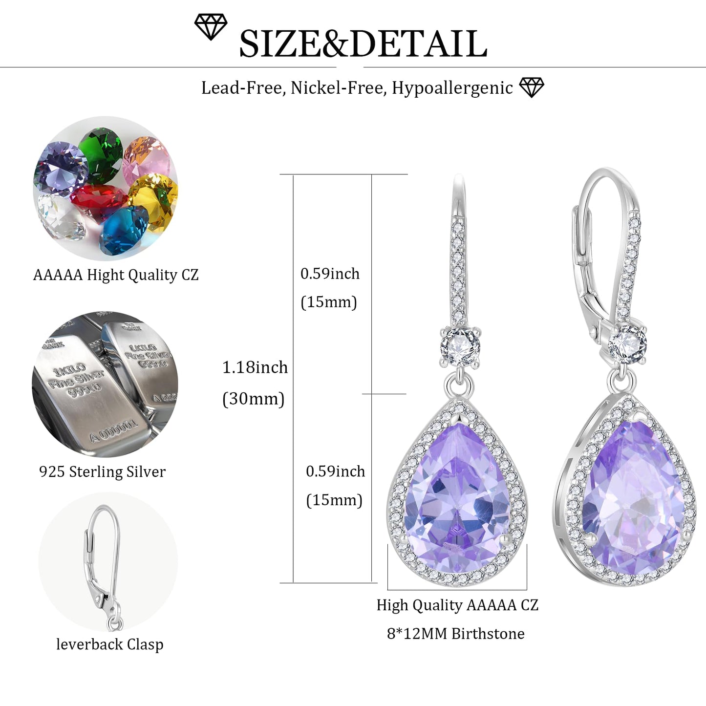 FYNSBLE Dangle Drop Earrings for Women,Sterling Silver Alexandrite Birthstone Leverback Earrings Hypoallergenic Jewelry for Women
