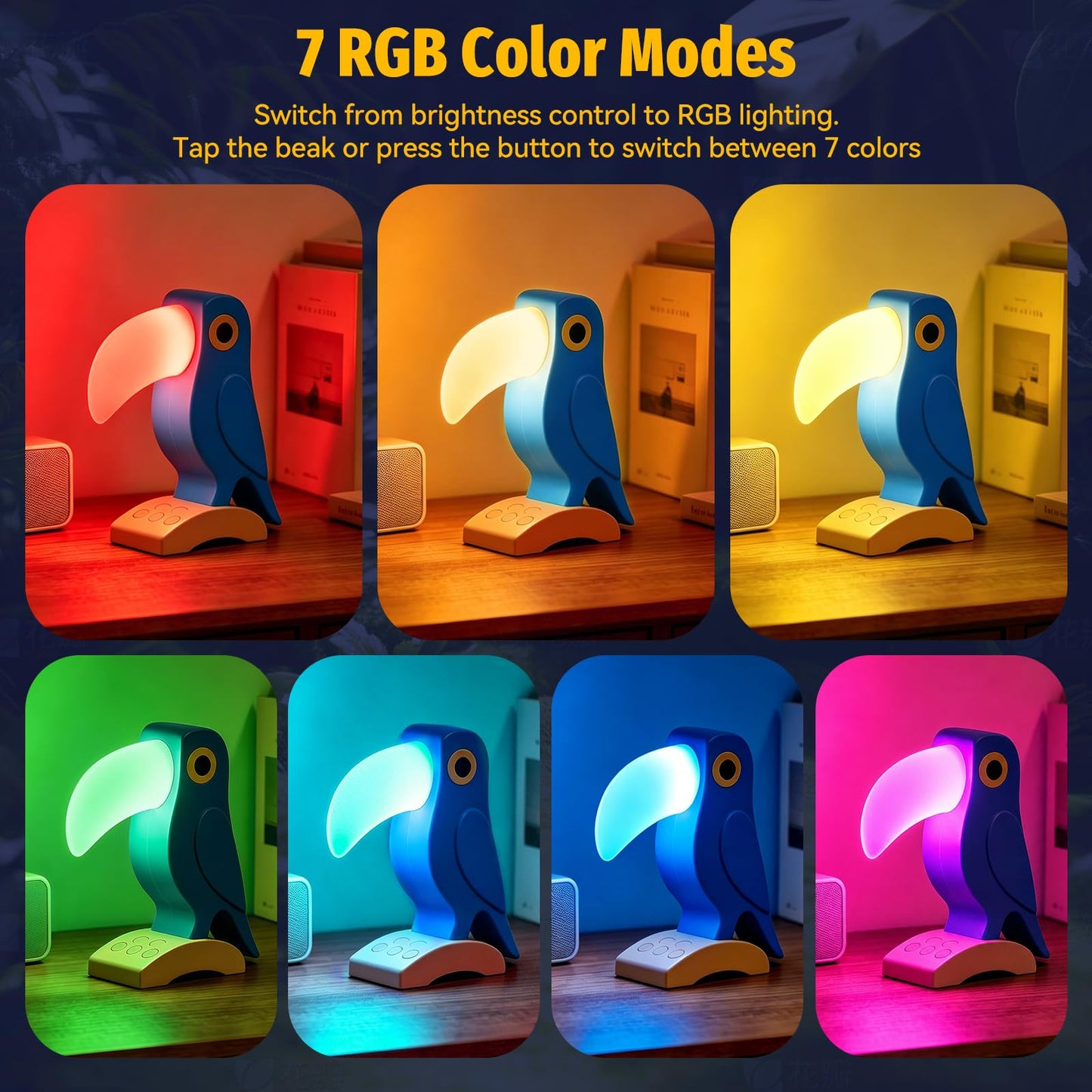 Aokpsrt Rechargeable Toucan Night Light with White Noise, Bird Table Lamp with RGB Mood Lighting, 3-Level Dimmable Warm Light, USB Bedside Lamp for Bedroom, Desk, Shelf, Blue