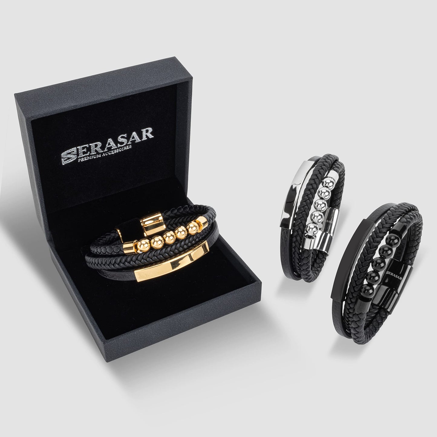 SERASAR Pulsera de Cuero Negro para Hombre, 17cm, Caja Regalo, Real, Piel Vaca, Ajustable, Cierre Magnético, Cuerda Envoltura, Masculino, Pulseras, Banda, Joyas, Imán
