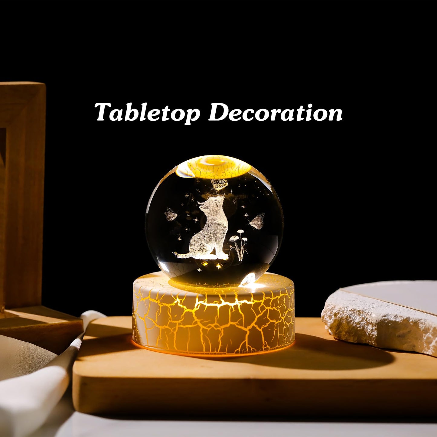 2.36in. Miniatured Cat with Butterflies Birthday Christmas for Women Girlfriend, 3D Glass Engraved Cute Cat K9 Crystal Ball with Light Base for Home Office Decoration