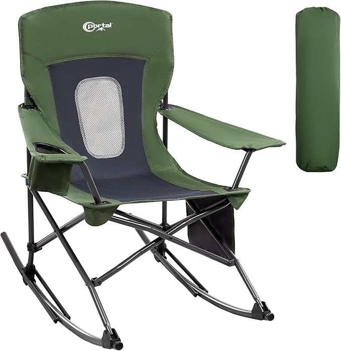Portal Outdoor Rocking Chair Camping Folding Portable Rocker with Cup Holder Side Pocket Carry Bag, Support 350LBS (Mesh Green)