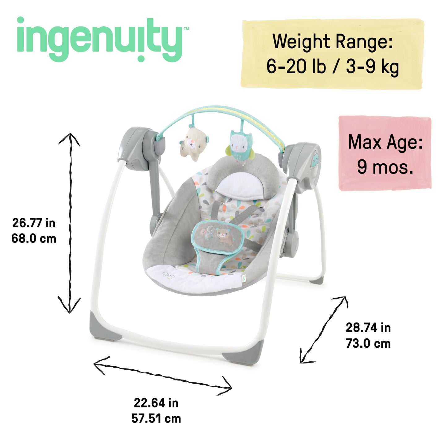 Ingenuity, Fanciful Forest Portable Baby Swing with 8 Melodies, Volume Control, 2 Seating Positions, 6 Swing Speeds and More