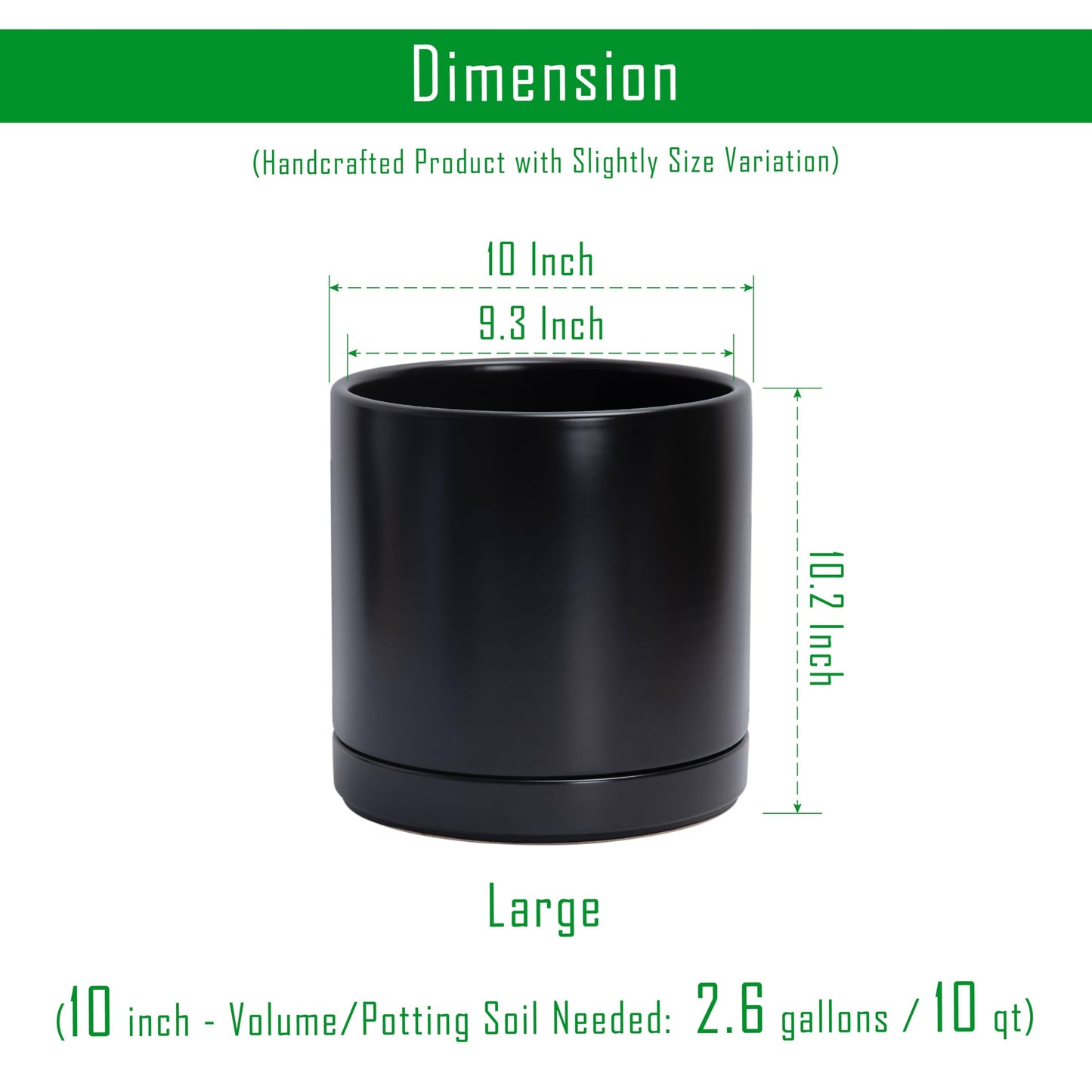D'vine Dev Set of 2 Plants Pots, 10 Inch Ceramic Planter Pot for Plants with Drainage Hole and Saucer, Black, 94-V-E-2